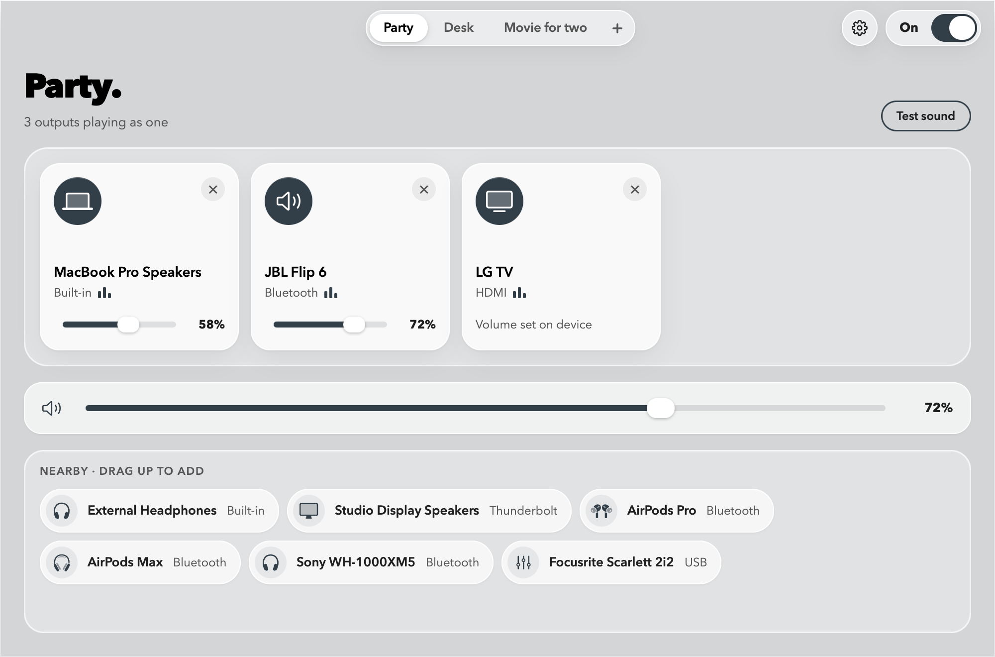 The Quwire window with the Party mix on: MacBook Pro Speakers at 58%, JBL Flip 6 at 72% and an LG TV play as one, under a master volume slider, with more headphones and speakers nearby, ready to drag in.